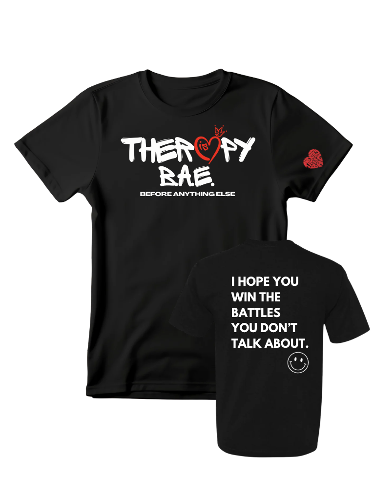 Black Therapy Is BAE T-shirt, front and back